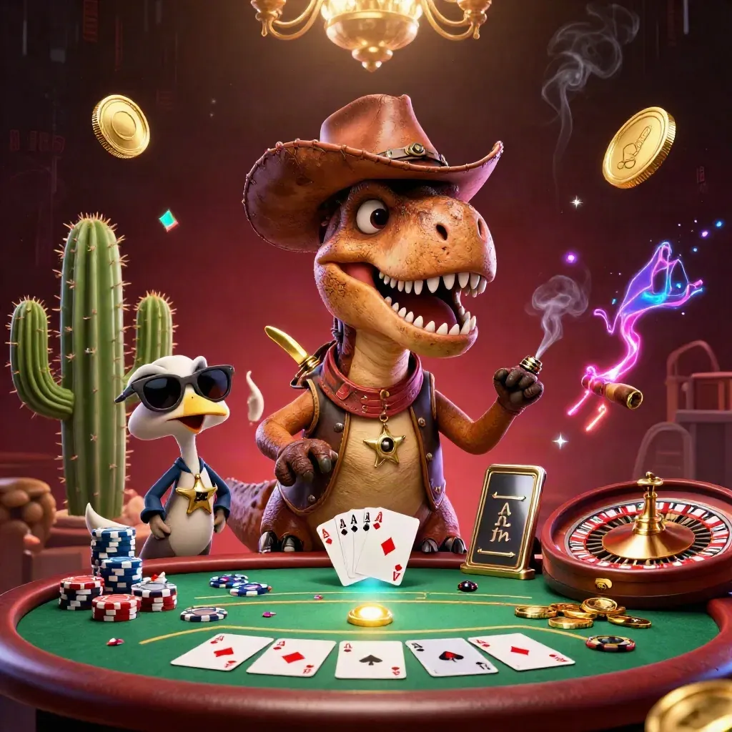 T-Rex cowboy, cactus e roadrunner in un casinò dorato e fumoso