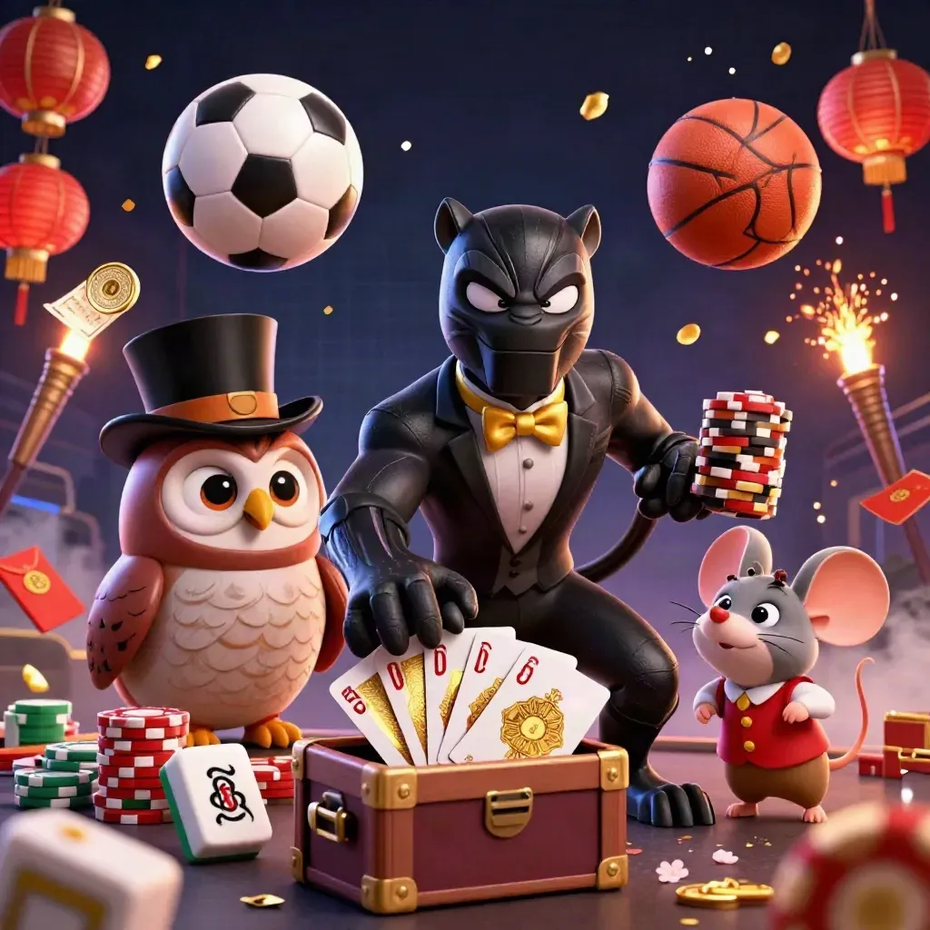 Pantera, gufo e topo tra carte, monete e pallone neon in scena 3D da casinò sportivo.