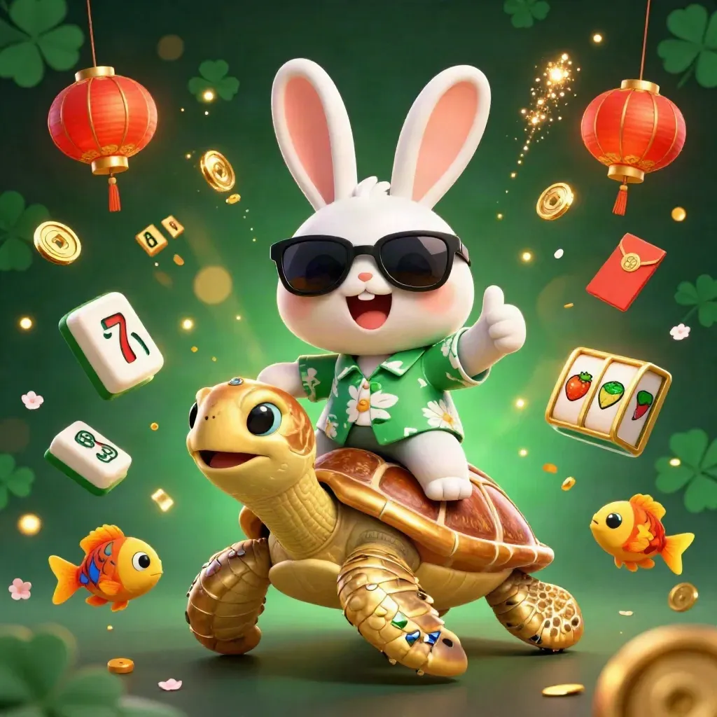 Coniglio lucky 3D su tartaruga dorata, fiches, lanterne e petali in stile casinò premium.