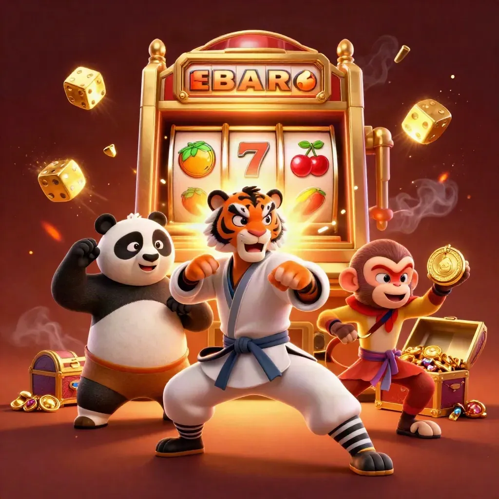 Tigre kung-fu, panda e scimmia tra jackpot, dadi e monete in una scena casino dorata.