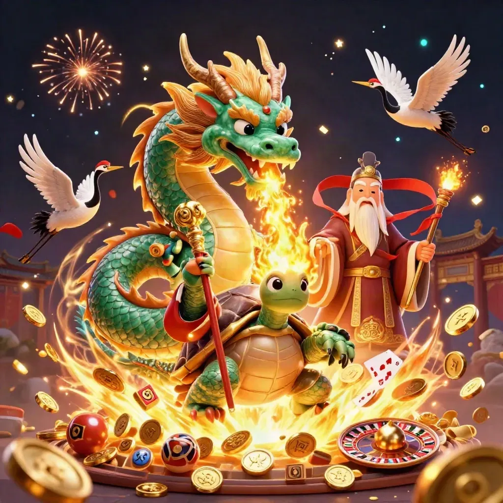 Drago giada, tartaruga saggia e gru tra fuochi d’artificio e monete d’oro