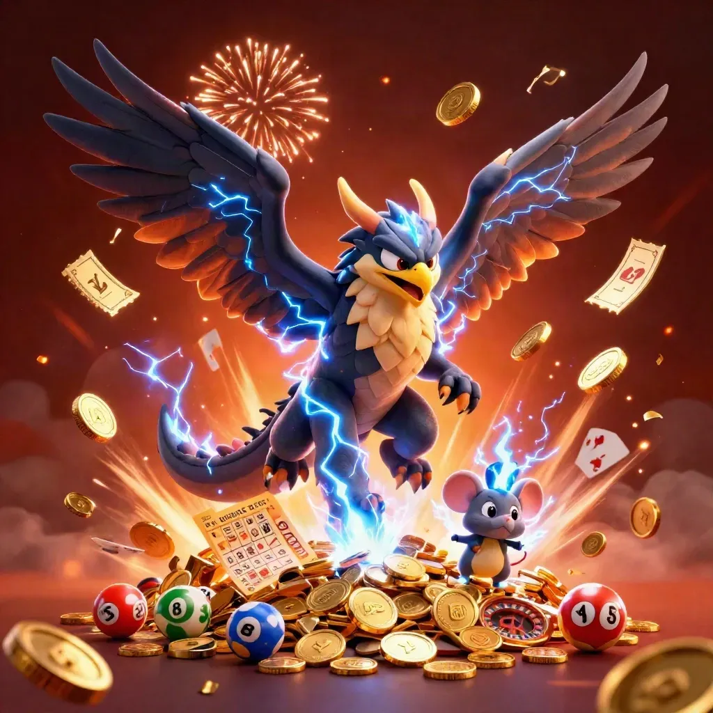 Drago, falco e topino elettrici tra monete d’oro, fuochi e sfondo cremisi.