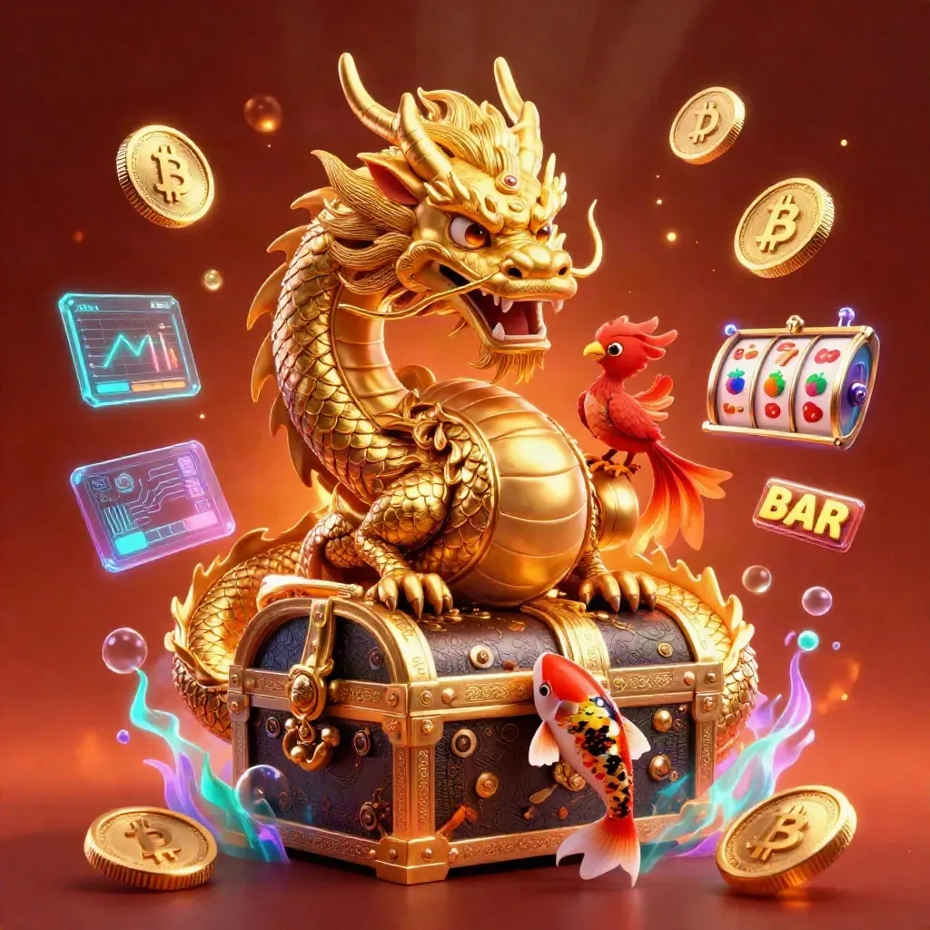 Drago cinese d’oro con fenice, pesce koi e scrigno, scintille da slot casino