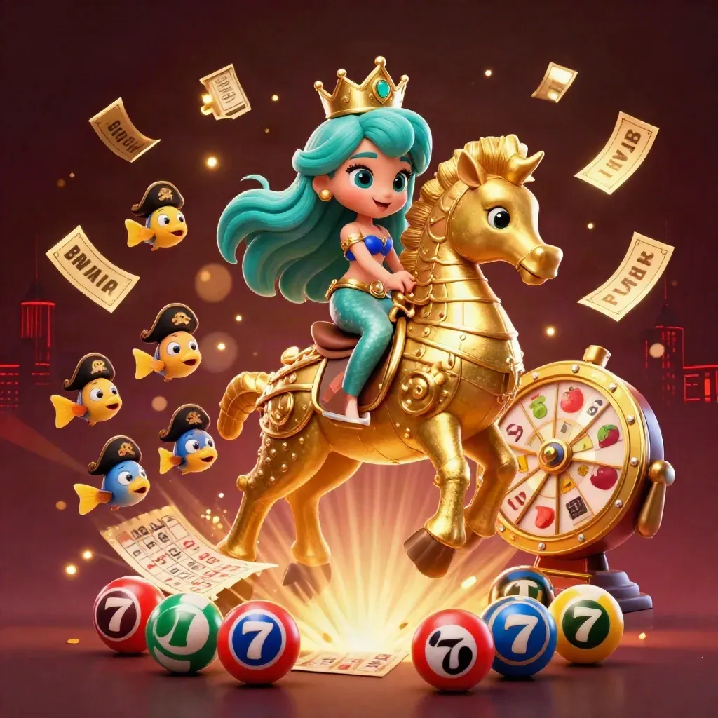 Sirena in armatura d’oro su cavalluccio marino, con pesci pirata e effetti scintillanti.