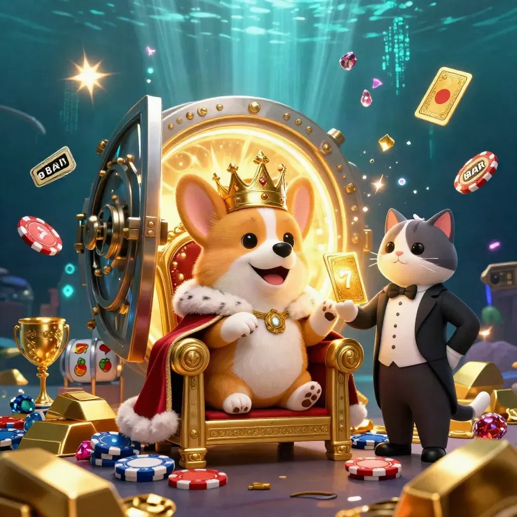 Corgi reale e gatto maggiordomo tra tesoro, fiches e luce dorata, stile casino premium.