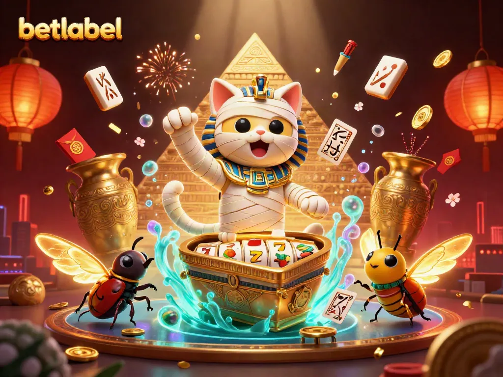 Experience the thrill of betlabel with a dynamic casino scene featuring a mummy cat and glowing elements.